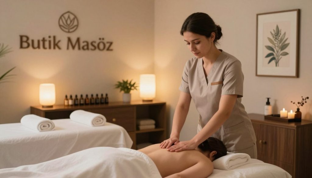 A serene, calming wellness center in Istanbul, showcasing a well-appointed massage room that adheres to high health and safety standards. In the foreground, a professional female massage therapist, dressed in modest, professional attire, prepares for a session with a client on a massage table. The room features soft, warm lighting, with ambient lamps casting a gentle glow. In the middle ground, essential oils and clean, neatly arranged towels are visible, emphasizing hygiene. The background includes relaxing decor such as plants and calming art, creating a tranquil atmosphere. Overlay the brand name "Butik Masöz" subtly in the decor without being a focal point. The overall mood conveys safety, professionalism, and relaxation, reflecting a commitment to health standards in therapeutic massage.