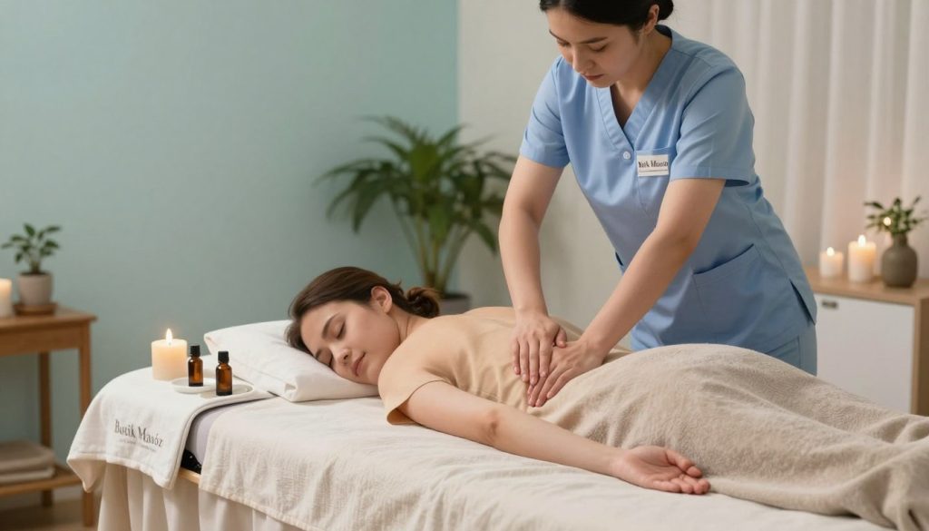 A serene home environment featuring a therapeutic massage setting by "Butik Masöz". In the foreground, a well-organized massage table with soft, inviting linens and soothing aromatherapy oils placed elegantly. In the middle ground, a skilled massage therapist in professional attire, demonstrating various massage techniques like Swedish, deep tissue, and aromatherapy, while focusing on a satisfied client. The background is softly lit, with calming colors like light blues and greens, showcasing plants and soft textiles that enhance relaxation. The overall atmosphere is tranquil and healing, emphasizing comfort, professionalism, and the therapeutic benefits of home massage services. The scene is captured with a warm, soft focus lens, ensuring a peaceful and welcoming composition.