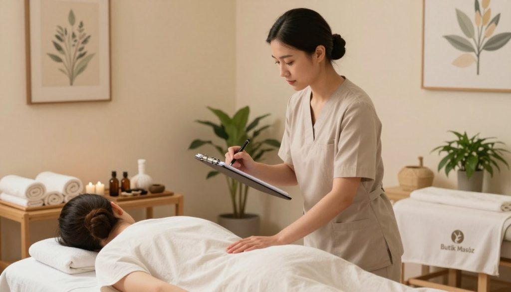 A serene home massage setting, featuring a cozy and inviting room bathed in soft, warm lighting. In the foreground, a professional masseuse of Asian descent, dressed in a stylish, modest outfit, is demonstrating effective communication techniques with a client seated comfortably on a massage table. The masseuse holds a notepad and pen, conveying care and professionalism. In the middle ground, essential massage tools like oils and towels are neatly arranged. The background showcases gentle decor, such as calming wall art and plants, which enhances the tranquil atmosphere. The overall mood is relaxing and focused, perfect for illustrating effective communication between a client and a professional massage therapist. Brand logo "Butik Masöz" subtly integrated into the decor.