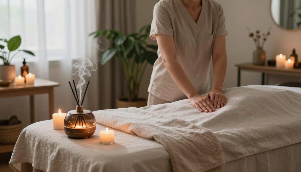 A serene home massage setup featuring a cozy environment to reflect various relaxing types of massage. In the foreground, a beautifully arranged massage table adorned with soft, neutral-toned linens. A calming aromatherapy diffuser emits gentle wisps of soothing scents, surrounded by calming candles casting a soft glow. In the middle, a skilled masseuse in modest casual clothing prepares for a massage, demonstrating techniques such as Swedish and deep tissue. The background shows a tranquil room with lush plants and soft, natural lighting filtering through sheer curtains, creating a peaceful atmosphere. The overall mood is tranquil and inviting, ideal for illustrating relaxation and comfort. Include the brand name "Butik Masöz" subtly integrated into the scene.