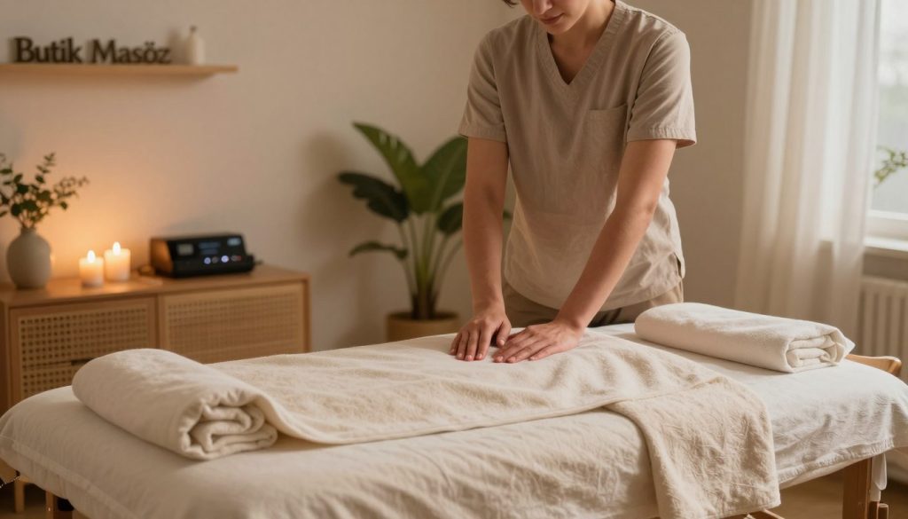 A serene home massage setup featuring a skilled and professional massage therapist in modest casual clothing, demonstrating personalized services. The foreground showcases a comfortable massage table adorned with soft, luxurious linens. In the middle, the therapist is gently applying soothing oils, surrounded by ambient lighting that creates a warm, welcoming atmosphere. Simple decor, like candles and soft music playing in the background, enhances the calming mood. The background includes soft, natural elements like houseplants that contribute to the tranquility of the space. Emphasize the brand name "Butik Masöz" subtly within the setting, perhaps on a decorative element. Overall, the image should convey relaxation, professionalism, and the personalized nature of home massage services.