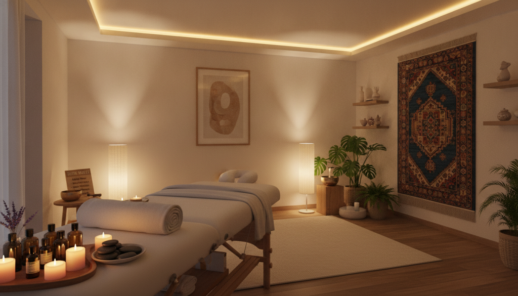 A serene home massage space in Küçükçekmece, showcasing diverse massage service options by Butik Masöz. In the foreground, a well-organized massage table with fresh linens, essential oils, and soothing candles. In the middle ground, a calm, inviting atmosphere with soft, warm lighting casting gentle shadows. A neatly arranged corner features plants and tranquil decorations, enhancing relaxation. In the background, a traditional Turkish element, such as a soft rug or artwork, subtly blends with modern decor. The overall mood is peaceful and professional, emphasizing comfort and well-being, with no human figures present. The image captures the essence of a high-quality at-home massage service environment, ideal for illustrating massage options in the specified region.