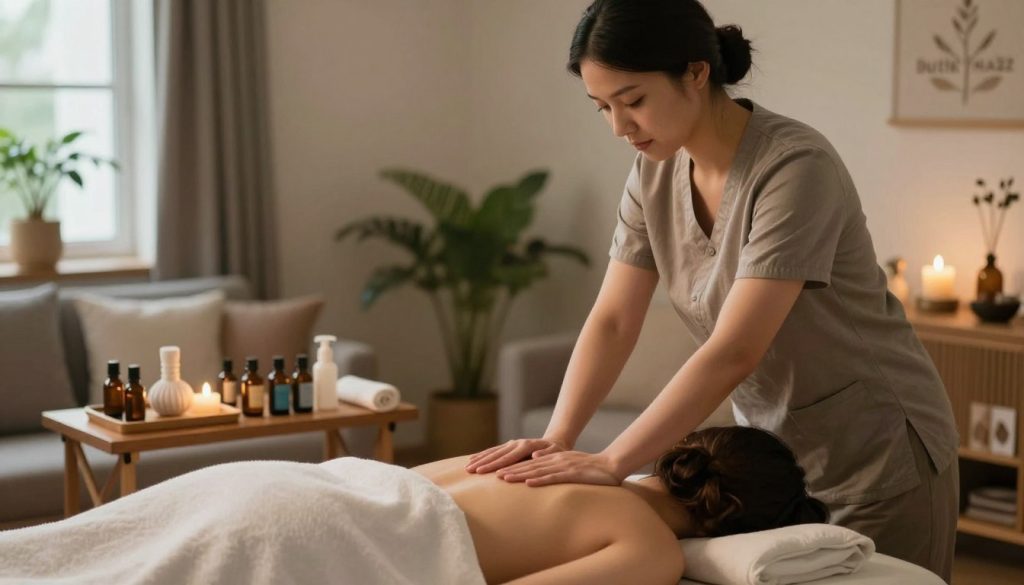 A serene home massage therapy scene illustrating various techniques. In the foreground, a professional therapist, dressed in modest, casual attire, demonstrates a relaxing massage on a client comfortably lying on a massage table. The middle ground captures an array of essential oils and massage tools arranged neatly on a wooden shelf, suggesting a focus on holistic care. The background features a softly lit, cozy living room with calming colors, houseplants, and dim lighting to create a tranquil atmosphere. A window allows soft, natural light to filter in, enhancing the peaceful vibe. The branding "Butik Masöz" subtly integrated into the decor adds a touch of professionalism. The overall mood is soothing, inviting readers to explore the importance of choosing the right massage type.