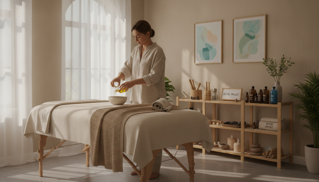 A serene home massage therapy scene set in a cozy room in Silivri, emphasizing relaxation and comfort. In the foreground, a massage table is adorned with soft, neutral linens. A professional therapist, dressed in modest casual clothing, is preparing soothing oils. In the middle, shelves display a variety of massage tools and aromatherapy products, highlighting options for therapy. The background features soft, diffused lighting from large windows, casting gentle shadows and creating a calm atmosphere. Houseplants and calming artwork on the walls enhance the soothing vibe. The brand name "Butik Masöz" is subtly integrated into the decor, reinforcing the sense of professionalism and care. The overall mood is peaceful and inviting, ideal for conveying the development of massage preferences.