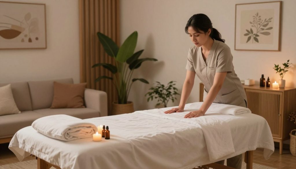 A serene home setting prepared for a professional massage therapy session, emphasizing relaxation and comfort. In the foreground, a neatly arranged massage table draped with soft, white linens, adorned with calming candles and aromatic essential oils. In the middle, a tranquil space featuring soft, diffused lighting that casts a warm glow, highlighting the natural wooden accents and lush green plants around. In the background, a tastefully decorated living area with subtle art pieces that add to the tranquil atmosphere. The scene conveys a sense of calm and professionalism, suitable for a home massage therapy service under the brand name "Butik Masöz", emphasizing the soothing experience clients can expect. The image features modestly dressed individuals preparing the space, reflecting professionalism and care.