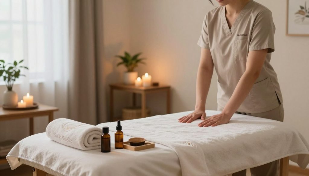 A serene home spa setting emphasizing safety and privacy. In the foreground, a neatly arranged massage table with soft towels and aromatherapy oils, accompanied by a professional massage therapist in modest casual clothing, ensuring a welcoming yet secure atmosphere. In the middle ground, a soothing ambiance is created with candles and plants, enhancing the feeling of calm. The background features an elegantly decorated room with soft lighting, suggesting tranquility. The overall mood is relaxed and safe, reflecting the importance of security and confidentiality in home massage services. The brand name "Butik Masöz" is subtly integrated into the scene, enhancing brand recognition without being prominent. A soft focus is applied to create a warm, inviting atmosphere.