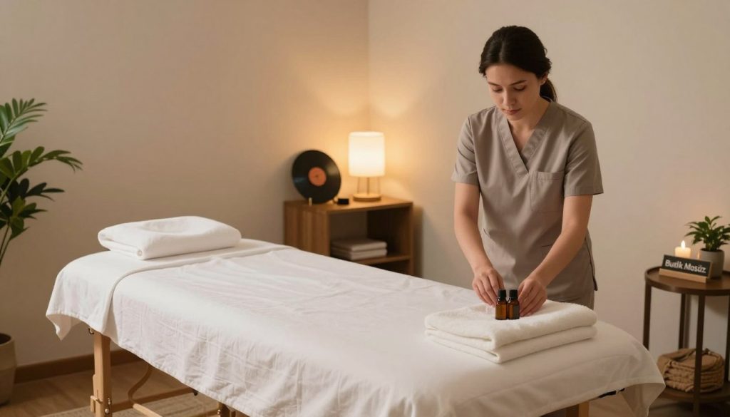 A serene, inviting massage therapy room prepared for a session, featuring a neatly arranged massage table draped in soft white linens. In the foreground, a certified massage therapist in professional attire, exuding calm and focus, is setting up essential oils and towels on a side table. The middle of the image showcases ambient lighting, with gentle warm tones emanating from strategically placed lamps, creating a tranquil atmosphere. In the background, soft music records and greenery enhance the peaceful vibe, while a sign reads "Butik Masöz", indicating the establishment's branding. The overall mood is relaxing and professional, reflecting a sense of readiness for a rejuvenating therapy session.