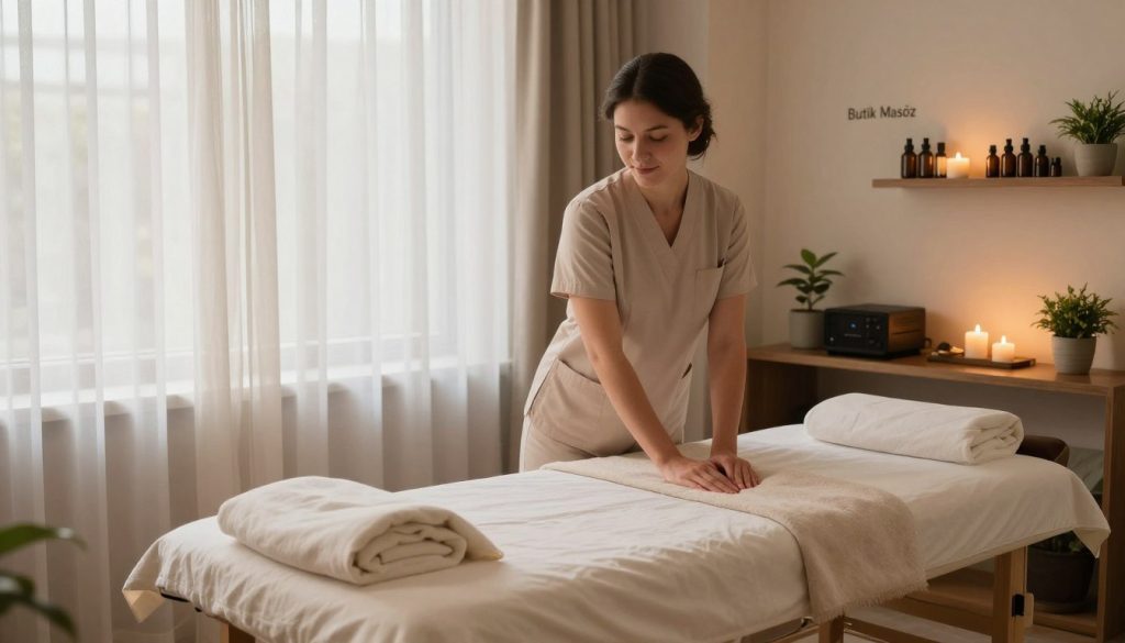 A serene, inviting spa environment showcasing a professional massage therapist's workspace, with calming light filtering through sheer curtains. In the foreground, display a massage table neatly arranged with soft, clean linens and peaceful decor, such as candles and small potted plants. In the middle, capture a skilled female massage therapist dressed in modest, professional attire, gracefully preparing for a session, conveying warm and inviting energy. The background should feature elements like shelves with aromatherapy oils and soothing music equipment, enhancing the atmosphere of relaxation. Emphasize the brand name "Butik Masöz" subtly integrated into the room's decor, fostering a sense of professionalism. The overall mood should be calm, tranquil, and inviting, perfect for illustrating the diverse work environments of massage therapists.