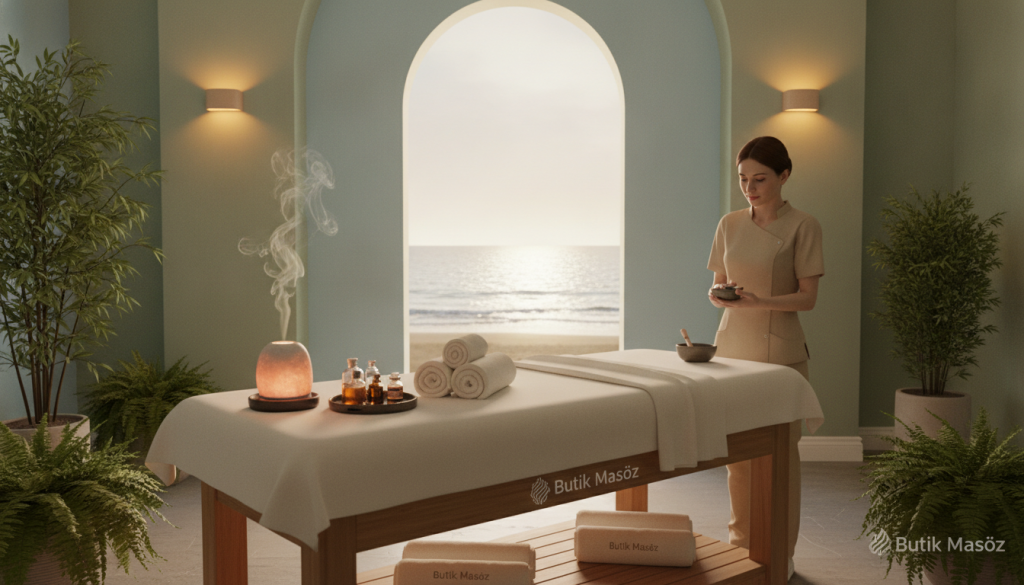 A serene massage preparation scene in a calming spa setting. In the foreground, an inviting massage table is neatly arranged with a soft, white sheet and cozy towels. A lit aromatherapy diffuser emits gentle wisps of steam, filling the air with soothing scents. In the middle, a therapist dressed in professional attire, approaches the table with a calm demeanor, preparing oils and tools. Surrounding them are tranquil elements such as potted plants, soft lighting from elegant sconces, and a serene color palette of soft blues and greens. In the background, subtle hints of a tranquil ocean view can be seen through a large window. The atmosphere is peaceful, ensuring a perfect ambiance for relaxation and healing. Brand name "Butik Masöz" subtly incorporated in the scene.