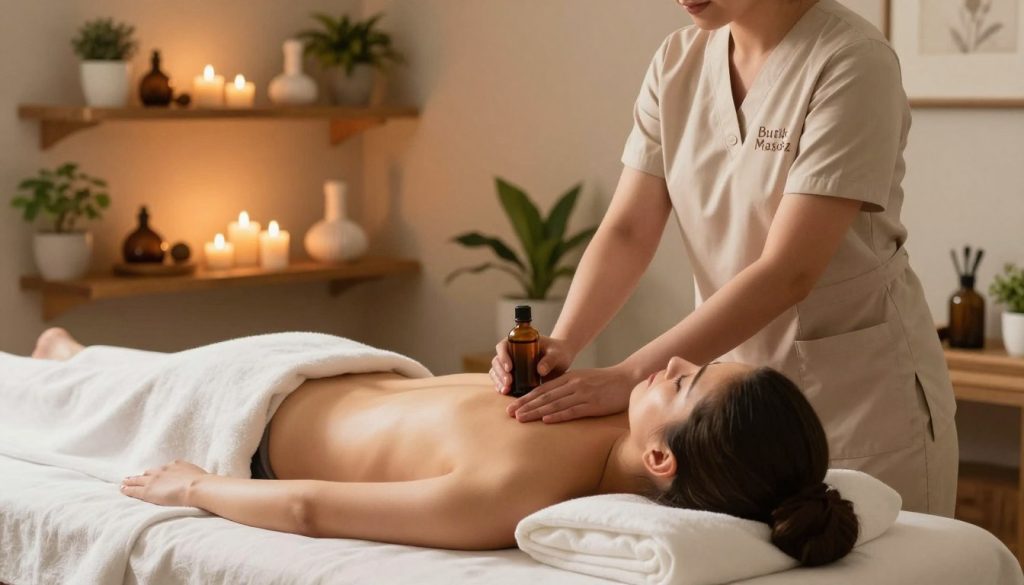 A serene massage therapy scene in a beautifully arranged spa setting, emphasizing a personalized massage experience. In the foreground, a skilled massage therapist, dressed in professional attire, is gently applying essential oils to a client lying comfortably on a massage table, surrounded by soft, natural light. In the middle ground, shelves feature neatly organized massage tools and aromatic candles, creating a calming atmosphere. The background showcases tranquil elements such as potted plants and soothing color palettes, enhancing the overall ambiance of relaxation. The lighting is warm and inviting, casting gentle shadows that evoke a sense of peace. The brand name "Butik Masöz" is subtly incorporated into the scene, adding an air of professionalism without overwhelming the image.