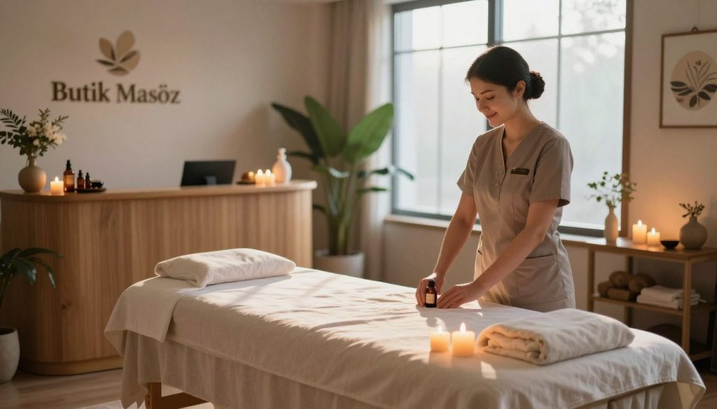 A serene professional massage and spa center named "Butik Masöz" is captured in a soothing ambiance. In the foreground, an elegantly arranged massage table draped in soft linens, surrounded by delicate candles emitting a warm glow. In the middle ground, a reception area features calming décor with plants and tranquil art pieces reflecting wellness themes. A skilled massage therapist, dressed in professional attire, prepares essential oils while smiling gently. In the background, large, frosted windows let in natural light, enhancing the peaceful atmosphere. Soft, filtered sunlight casts gentle shadows, creating a cozy yet luxurious feel. The overall mood is tranquil, inviting, and rejuvenating, embodying a haven for relaxation and therapeutic services.
