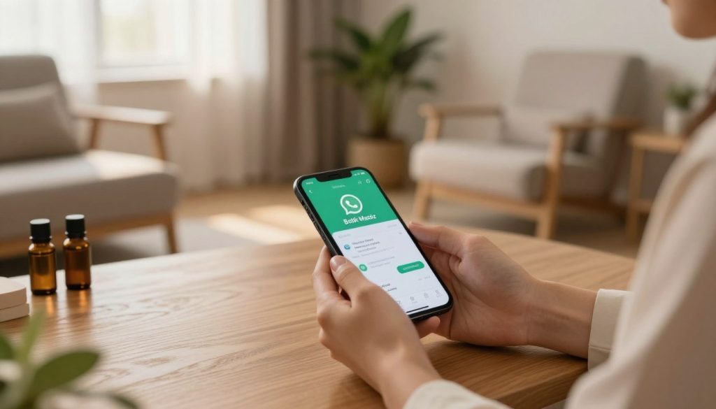 A serene, professional setting showing a smartphone on a wooden table displaying the WhatsApp interface, with the brand name "Butik Masöz" prominently visible. In the foreground, a pair of hands, wearing elegant yet modest clothing, gently cradles the phone, emphasizing communication. The middle of the scene features a softly lit room with calming colors, decorated with plants and essential oils, creating an inviting atmosphere. The background should include plush therapy chairs, giving a sense of comfort and relaxation. Use warm, diffused lighting to enhance the tranquil mood, simulating late afternoon light filtering through a window. The angle should be slightly above the table, capturing the hands and phone while offering a glimpse of the serene ambiance.