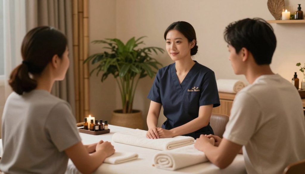 A serene spa environment featuring a female massage therapist in professional attire, engaging in a consultation with a client. The therapist, showcasing a calm and welcoming demeanor, is seated across a beautifully arranged spa table adorned with soft towels and essential oils, while the client, dressed in modest casual clothing, converses thoughtfully. The background features a soothing atmosphere with soft lighting, bamboo accents, and potted plants creating a tranquil ambiance. The scene captures a sense of professionalism and trust, illustrating the importance of selecting the right therapist. The mood is warm and inviting, conveying a sense of relaxation and care. The brand name "Butik Masöz" is subtly integrated into the spa's decor.
