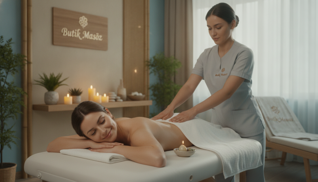 A serene spa environment reflecting a professional massage center, featuring clients experiencing relaxation and comfort. In the foreground, a smiling client is lying comfortably on a massage table, with a neatly arranged towel and soothing essential oils nearby, captured in soft natural light. The middle ground showcases a skilled therapist, wearing professional attire, gently providing a soothing massage, while further back, various spa elements such as candles, plants, and calming decor create a tranquil atmosphere. The background hints at a peaceful spa room with muted colors, evoking a sense of calm and serenity. Overall, the image embodies a positive, welcoming vibe, emphasizing customer satisfaction, with the brand name "Butik Masöz" subtly integrated into the design elements, maintaining a professional look.