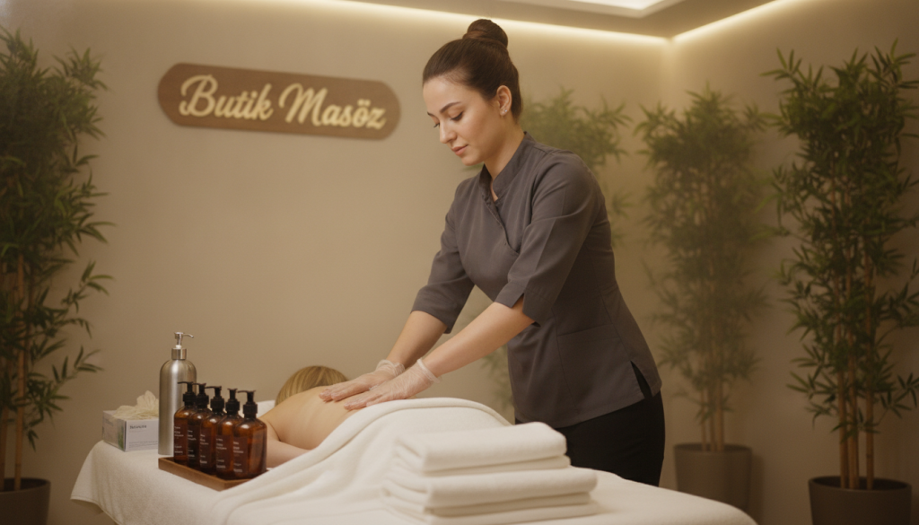 A serene spa environment showcasing "Butik Masöz", emphasizing hygiene standards in massage therapy. In the foreground, display a clean massage table with fresh towels and professional products neatly arranged. The middle ground features a skilled massage therapist, dressed in smart casual attire, demonstrating a relaxing technique on an unseen client, ensuring a safe and professional atmosphere. The background includes calming elements like plant decor, soft lighting, and a tranquil color palette, evoking a peaceful vibe. Utilize soft, warm lighting to create an inviting ambiance, with a tight focus on the therapist's hands to highlight technique and care. Capture the essence of professionalism and tranquility, reflecting the importance of hygiene in spa therapy.