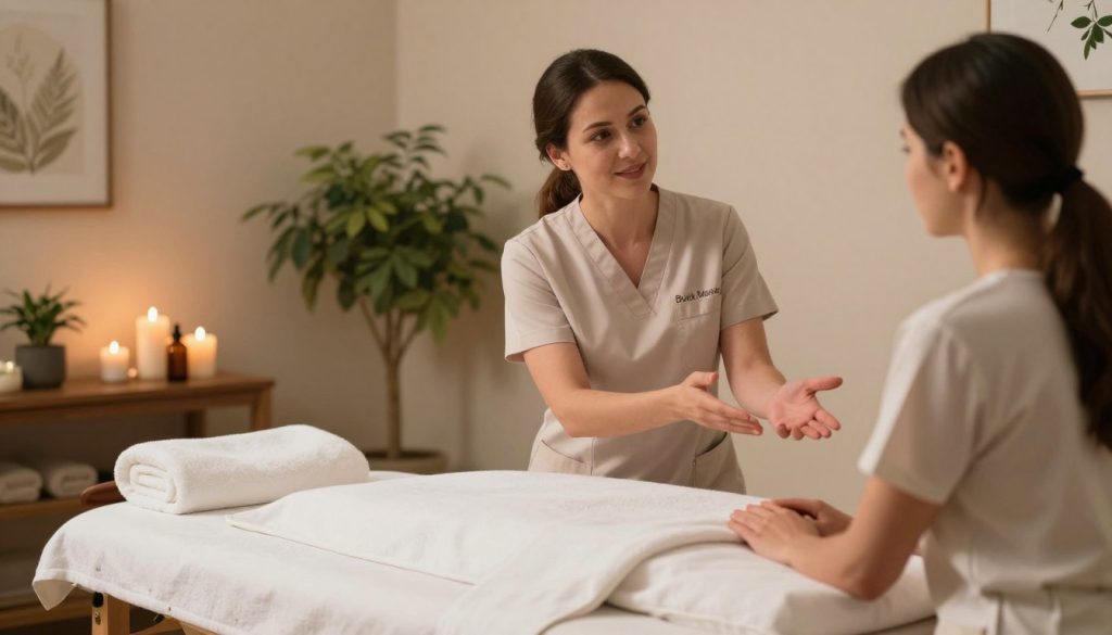 A serene spa environment showcasing a professional massage therapist and a client consultation. In the foreground, a massage table adorned with soft, clean towels and calming essential oils. The middle ground features the massage therapist, dressed in professional attire, demonstrating an inviting demeanor as they explain the differences between male and female therapists to a client who appears engaged and interested. The background consists of soothing spa decor, such as plants, candles, and soft lighting that creates a tranquil atmosphere. The scene captures a sense of professionalism and warmth, highlighting the brand "Butik Masöz" subtly in the design elements, ensuring no text or labels. The image should be captured with a warm, soft focus lens to evoke a calming mood.