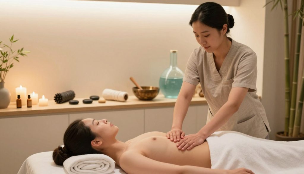 A serene spa environment showcasing various expert massage techniques. In the foreground, a professional massage therapist, dressed in modest casual clothing, gently demonstrates a deep tissue massage on a client lying on a massage table, surrounded by soothing elements like candles and essential oils. In the middle ground, display a backdrop of various massage tools, such as stones, rollers, and bowls used for aromatherapy. The background features a relaxing ambiance with soft lighting and natural elements like bamboo and gentle water sounds, creating a tranquil atmosphere. The image embodies professionalism, expertise, and relaxation, highlighting the diverse areas of specialization in massage therapy, branded subtly with "Butik Masöz."