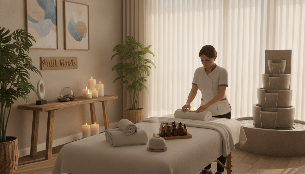 A serene spa massage center in Şişli, showcasing a tranquil environment. In the foreground, a massage therapist in professional attire is preparing a massage table adorned with soft, clean linens and aromatic essential oils. The middle ground features soothing decor, with lush indoor plants and softly glowing candles that create a calming ambiance. The background shows gentle, diffused lighting that streams through sheer drapes, casting a warm, inviting glow. A water feature softly trickles, enhancing the peaceful atmosphere. Subtle details, such as stones and calming artwork, contribute to the spa's aesthetic. The brand name "Butik Masöz" is subtly incorporated into the design. The overall mood is relaxing and rejuvenating, perfect for exploring different massage types.