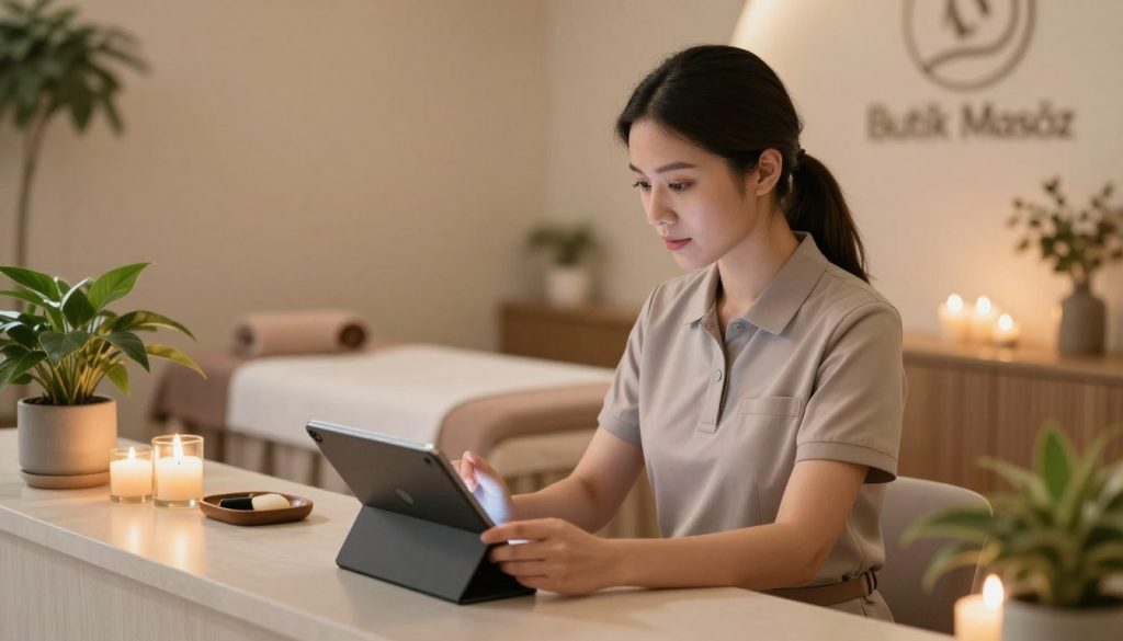 A serene spa setting featuring a female massage therapist in professional attire, such as a fitted polo and slacks. She is attentively reviewing a client profile on a tablet, seated at a calming reception desk adorned with soft lighting and decorative plants. The background reveals a tranquil ambiance, showcasing a softly lit massage room with soothing colors and aromatic candles. The focus is on her engaged expression, emphasizing professionalism and care. The scene conveys a warm and inviting atmosphere, ideal for clients seeking a massage therapist. Capture the essence of "Butik Masöz" with an emphasis on comfort and professionalism, using soft natural light to enhance the enchanting mood. The image should maintain clarity and focus, highlighting the details of the environment.