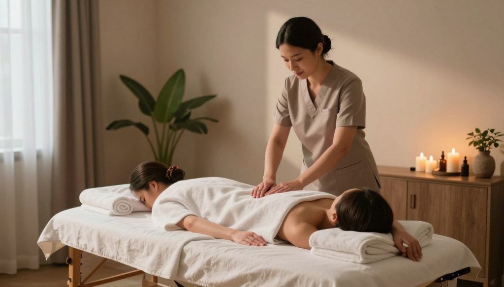 A serene spa setting, featuring a peaceful massage room with soft ambient lighting. In the foreground, a neatly arranged massage table with fresh towels and soothing oils, emphasizing a calming atmosphere. In the middle, a professional masöz wearing a smart, modest outfit, demonstrating massage techniques or discussing service options with a client who is casually dressed in comfortable attire. The background displays tranquil decorations, such as calming plants and candles, enhancing the relaxation theme. Soft natural light filters through a window, casting gentle shadows that create an inviting ambiance. The brand name "Butik Masöz" subtly integrated into the scene, reinforcing professionalism and comfort. The overall mood is peaceful, focused on wellness and affordability in massage therapy services.