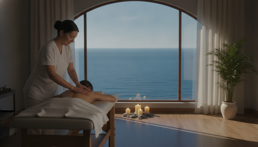 A serene spa setting in Şile, highlighting the benefits of massage therapy. In the foreground, a massage therapist, dressed in professional attire, gently applies soothing techniques on a client lying comfortably on a massage table. The therapist's focused expression conveys professionalism and care. In the middle ground, a tranquil environment features soft lighting, with candles flickering and a subtle green plant emphasizing relaxation. The background showcases a calming ocean view through a large window, enhancing the atmosphere of peace and tranquility. Natural light filters through sheer curtains, casting gentle shadows. The overall mood is peaceful and rejuvenating, embodying the essence of "Butik Masöz" and the therapeutic benefits of massage.