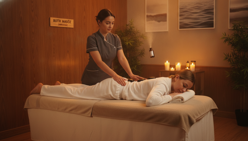 A serene spa setting showcasing various types of massages offered by Butik Masöz in Ümraniye. In the foreground, a massage table is elegantly draped with soft, neutral-colored linens. A warm, inviting atmosphere is created with soft lighting, accentuating the natural wood textures of the room. In the middle, a professional massage therapist, dressed in a stylish and modest uniform, demonstrates different massage techniques on a client fully clothed in comfortable attire, highlighting practices like Swedish, hot stone, and aromatherapy massage. In the background, soothing elements such as candles, plants, and tranquil art pieces contribute to the relaxing vibe. The overall mood is peaceful and rejuvenating, emphasizing the wellness aspect of the spa experience.