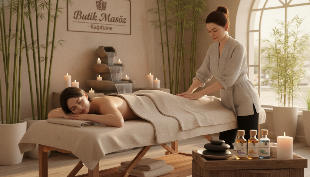 A serene spa setting that showcases various types of massage therapy options, specifically highlighting "Butik Masöz". In the foreground, display an inviting massage table draped with soft, neutral linens, surrounded by essential oils and smooth stones. In the middle ground, depict a professional massage therapist in modest casual clothing, demonstrating a gentle massage technique on a client comfortably resting on their stomach, both exuding tranquility. The background features calming elements such as bamboo plants, softly lit candles, and a soothing water feature, creating a peaceful atmosphere. Use soft, natural lighting to enhance the warm tones in the scene, captured from a slightly elevated angle for a comprehensive view. The overall mood should evoke relaxation and the therapeutic benefits of massage options available in Kağıthane.