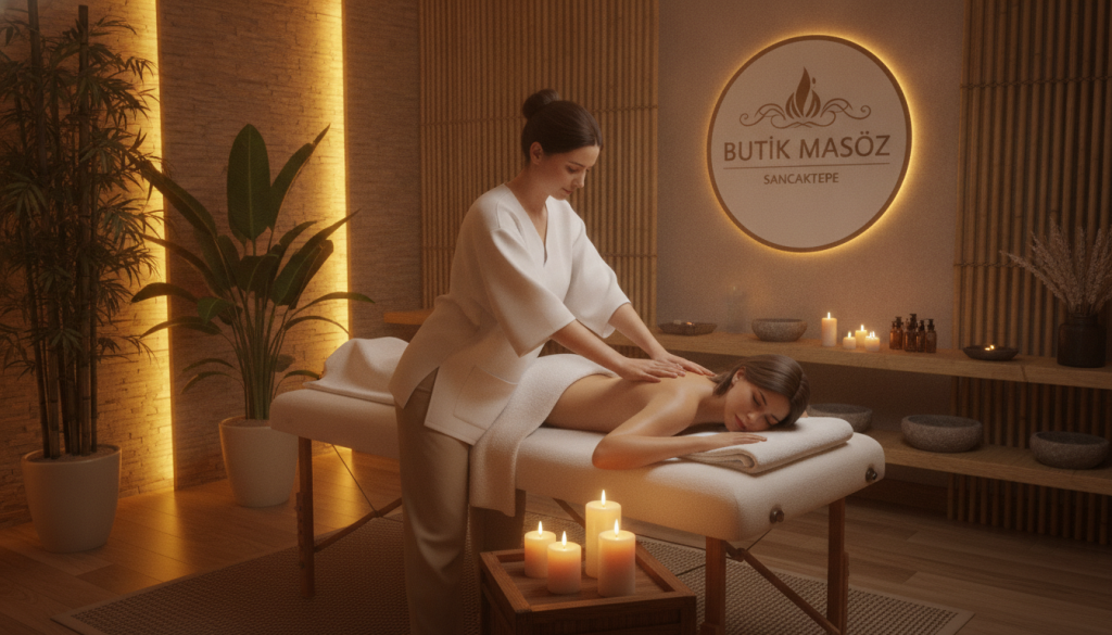 A serene spa treatment scene showcasing "Butik Masöz," located in Sancaktepe. In the foreground, a professional massage therapist in modest attire is performing a calming massage on a client lying on a massage table, surrounded by soft towels and aromatic candles. In the middle ground, a tranquil spa environment with potted plants, wooden decor, and a softly lit ambiance creates a sense of relaxation. The background features warm lighting that enhances the soothing atmosphere, with hints of natural elements like bamboo and stones. The overall mood radiates serenity and wellness, inviting viewers to explore the popular massage therapies available in Sancaktepe.
