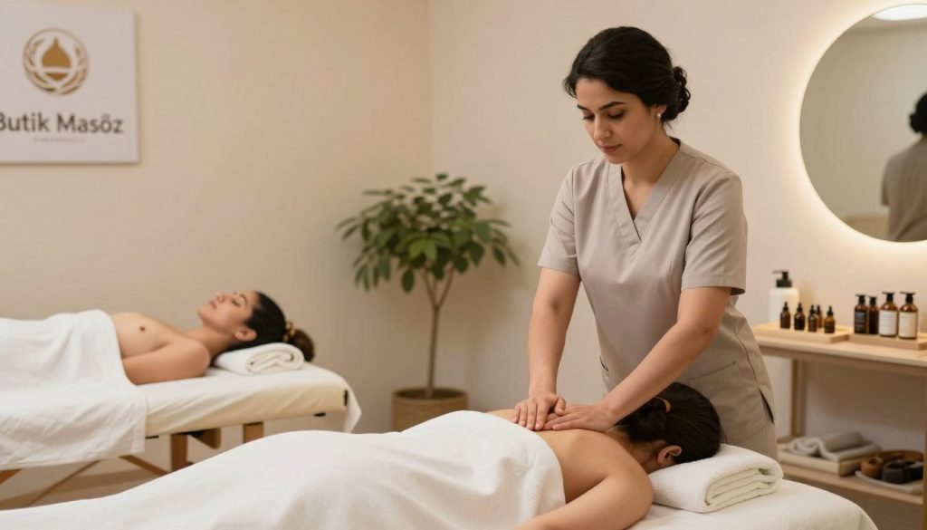 A skilled massage therapist in a serene, professional massage studio, showcasing a diverse range of specialty areas like Swedish, deep tissue, and aromatherapy. The foreground features a confident, Middle-Eastern woman dressed in modest, professional attire, actively demonstrating a massage technique on a client, who is comfortably draped and relaxed. The middle of the scene includes well-organized massage tools, essential oils, and a soft-lit massage table. In the background, soft ambient lighting creates a calm and tranquil atmosphere, with plants and soothing colors enhancing the sense of peace. Capture the mood of relaxation and professionalism. The brand name "Butik Masöz" is subtly integrated into the environment, such as on a product display or wall art.