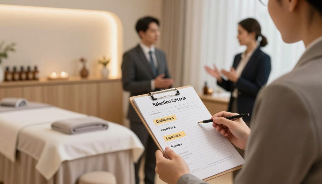 A sophisticated scene depicting the concept of "Butik Masöz" selection criteria in a serene, professional setting. In the foreground, a well-dressed individual, representing a potential client, is thoughtfully examining a checklist labeled "Selection Criteria" with aspects such as "Qualifications", "Experience", and "Reviews" visually highlighted. The middle ground features a warm, inviting massage studio with soft lighting, elegant decor, and essential oils on display, conveying relaxation. In the background, two stylized figures in professional attire discuss their experiences, radiating a sense of trust and professionalism. The overall atmosphere is calm and informative, captured with a soft focus lens to enhance its warmth and appeal, encouraging viewers to consider the importance of careful selection when choosing a "Butik Masöz" for their relaxation needs.