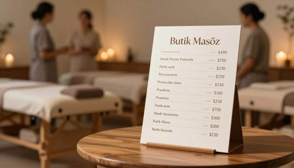 A stylish, professional layout featuring a range of massage service pricing models, highlighted under the brand name "Butik Masöz." In the foreground, a sleek price list displayed on an elegant wooden table, showcasing various packages with corresponding prices. The middle ground includes soft, calming decor elements like candles and a plush massage table, enhancing the serenity of the space. In the background, suggestive silhouettes of professional therapists in modest attire, engaged in discussion, creating a welcoming atmosphere. Warm, soft lighting spreads throughout the scene, casting gentle shadows, evoking a sense of relaxation and professionalism. The overall mood is tranquil and inviting, perfect for a high-quality service environment.