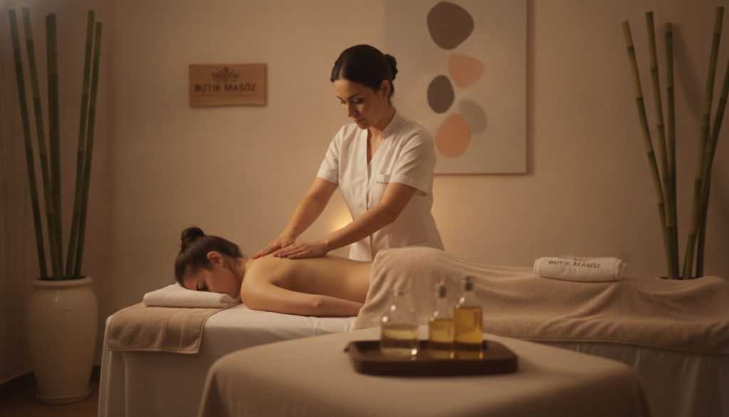 A tranquil spa setting in Üsküdar showcasing various massage types. In the foreground, a serene massage table adorned with soft, neutral linens, and essential oils in elegant bottles. The middle ground features a skilled massage therapist in modest, professional attire, demonstrating a soothing back massage with gentle hand movements. Soft ambient lighting bathes the room, enhancing the relaxing atmosphere with warm tones. In the background, subtle decorations such as bamboo plants and calming artwork create a peaceful vibe. The branding "Butik Masöz" is discreetly integrated into the setting. The overall mood is calm, inviting, and professional, perfect for illustrating the diversity of massage options available in Üsküdar.
