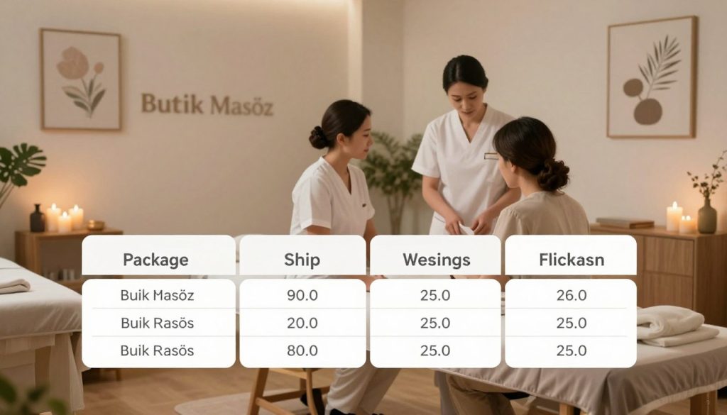 A visually appealing image showcasing a price comparison chart for massage therapy packages under the brand "Butik Masöz". In the foreground, a modern and elegant massage studio with a tranquil ambiance, featuring soothing colors and minimalistic decor. A sleek table displays various package options in a clear, organized manner. In the middle, a soft-focus view of massage therapists in professional attire discussing with a client near the table, indicating a consultation atmosphere. The background includes subtle elements like candles, calming plants, and artful wall decorations that evoke relaxation. The lighting is warm and inviting, suggesting a peaceful environment. The overall mood is informative yet serene, perfect for illustrating a section on pricing research in massage services.