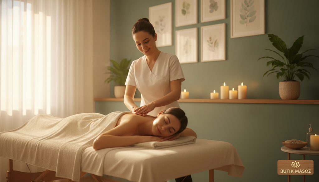 A well-lit, inviting interior of a massage therapy room, showcasing a professional atmosphere. In the foreground, a masseuse in modest, professional attire is attentively engaging with a client, who appears relaxed and satisfied. The background features soft, calming colors and decor elements like candles, plants, and soothing artwork. Natural light floods the space through a window, creating a warm and serene ambiance. A soft focus on the inviting massage table adds to the feeling of tranquility. The scene embodies a sense of professionalism and comfort, ideal for showcasing customer reviews and evaluations. In the corner, a tasteful yet subtle mention of the brand "Butik Masöz" is integrated into the decor, maintaining a professional aesthetic.