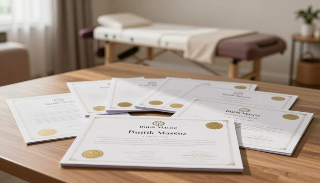 A well-organized arrangement of massage therapy certificates and educational documents, prominently featuring the brand name "Butik Masöz". In the foreground, clear and neatly stacked certificates showcase their elegant designs, with gold seals and professional typography. The middle ground includes a wooden desk, subtly adding a touch of warmth and sophistication. In the background, a softly blurred massage therapy room is visible, enhancing the professionalism of the setting, complete with soothing colors and calm lighting. Natural light streams in through a window, casting gentle shadows and creating an inviting atmosphere. The overall mood conveys trust, professionalism, and the importance of qualifications in choosing a massage therapist. The composition should avoid any human subjects, focusing solely on the documentation and environment.