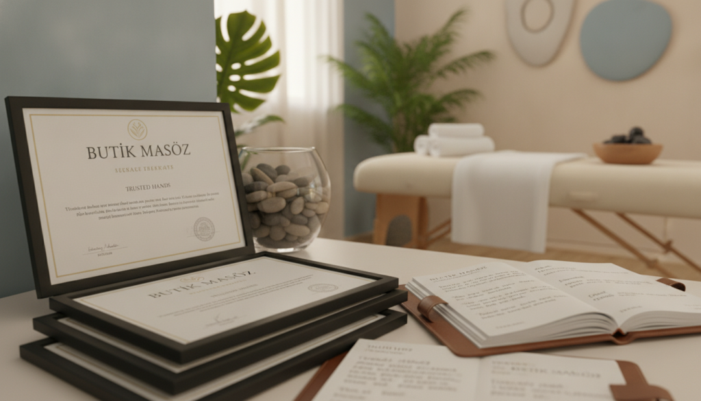 A well-organized display of massage therapist certificates and customer reviews, centered around the theme of professionalism in massage therapy. In the foreground, showcase a stack of neatly arranged certificates with the brand name "Butik Masöz" prominently featured on the top certificate. Beside it, include a few open pages of a book displaying positive customer reviews, highlighting trust and satisfaction. In the middle ground, create a relaxing and inviting workspace, with soothing colors and soft lighting to evoke a calm atmosphere. The background should feature a peaceful spa environment with plants and subtle decorations. Use soft, warm lighting to enhance the tranquil mood, simulating a lens effect that draws the viewer's focus to the certificates and reviews, emphasizing the importance of experience in choosing a massage therapist.
