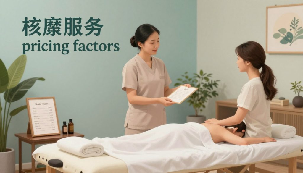 An informative and visually appealing illustration representing "massage service pricing factors." In the foreground, display a calm and inviting massage therapy room featuring a well-made massage table, essential oils, and a price list elegantly placed on a small table. In the middle ground, depict a professional massage therapist in modest attire discussing pricing options with a client, both looking engaged and relaxed. The background should include soft lighting, creating a serene atmosphere with calming colors like soft blues and greens. The room should be decorated with zen elements such as plants and soothing artwork. Add the brand name "Butik Masöz" subtly displayed on the price list. Aim for a warm, comforting mood that reflects professionalism and trust in massage therapy services.