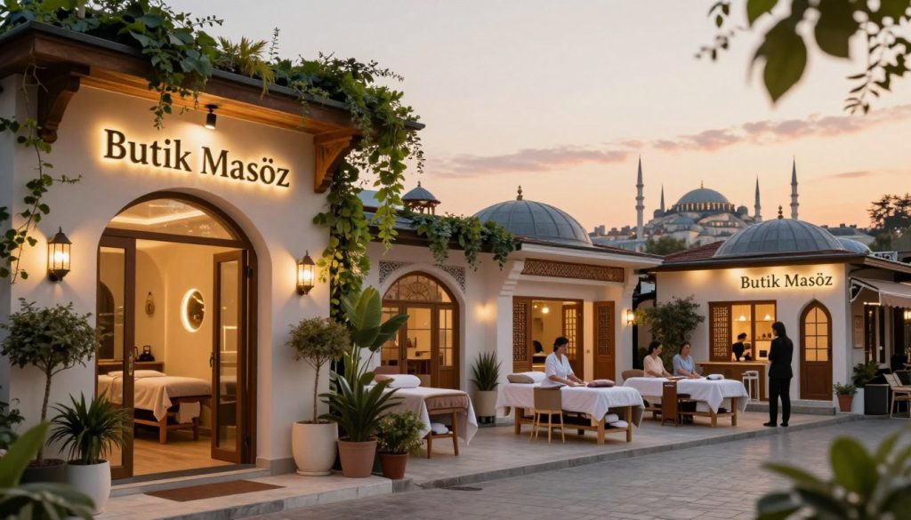 An inviting scene showcasing several boutique wellness centers in Istanbul, depicting diverse locations renowned for massage therapy. In the foreground, a serene entrance of a boutique massage center, elegantly decorated with soft lighting and lush greenery. The middle ground reveals a selection of charming wellness spaces, each with unique architectural styles, blending traditional Turkish designs with modern aesthetics. In the background, glimpses of Istanbul’s iconic skyline can be seen, bathed in warm sunset hues. Emphasize a peaceful and calming atmosphere, suggesting relaxation and rejuvenation. Capture the essence of "Butik Masöz" with a focus on community and wellness, ensuring any human figures are dressed in modest, professional attire, contributing to the tranquil setting. Aim for a soft focus effect with natural lighting, evoking a sense of comfort and tranquility.
