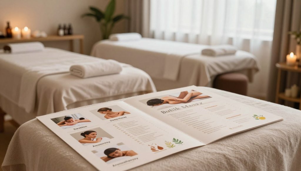 Create a serene spa environment showcasing various types of massage therapy options, emphasizing professionalism and tranquility. In the foreground, present a neatly arranged massage therapy menu featuring images of different massage styles, such as Swedish, deep tissue, and aromatherapy, each illustrated with calming icons. The middle ground should depict a cozy treatment room with a massage table draped in soft linens, ambient essential oils on display, and natural light streaming through sheer curtains. In the background, hint at a peaceful indoor setting with plants and soothing decor. The atmosphere should feel inviting and relaxing, perfect for a rejuvenating experience. Include the brand name "Butik Masöz" subtly integrated into the scene, ensuring a professional and polished look. Use soft, warm lighting to enhance the soothing vibe.