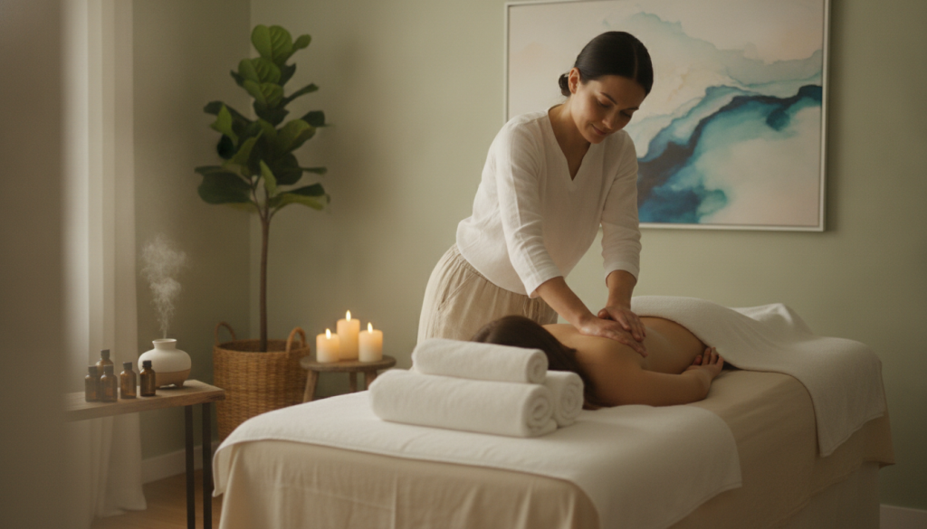 Create an image depicting a serene massage therapy environment representing "Butik Masöz". In the foreground, show a comfortable massage table adorned with soft, calming sheets, surrounded by plush towels. In the middle, incorporate a professional masseur in modest casual clothing, demonstrating various relaxation techniques with attentive focus on the client's comfort. Include soothing elements like essential oils, candles, and soft, ambient lighting that casts a gentle glow throughout the space. In the background, illustrate tranquil decor such as potted plants and tranquil wall art, creating a peaceful atmosphere. Use a soft focus lens effect to enhance the calming mood, ensuring the scene conveys a clear message about relaxation and therapeutic goals without any text or distractions.