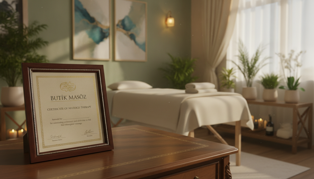Create an image showcasing a professional massage therapist certificate prominently displayed in an elegant office setting. In the foreground, focus on a well-designed certificate with the brand name "Butik Masöz" clearly visible, framed in tasteful decor. The middle ground features a soothing massage room with calming colors, including soft lighting casting gentle shadows. A massage table is neatly arranged, surrounded by aromatic oils and tranquil plants. In the background, a comforting atmosphere is enhanced by serene wall art, draped fabrics, and a window with soft natural light filtering through sheer curtains, creating a sense of peace and professionalism. The overall mood should be inviting and professional, ideal for a massage therapy context.