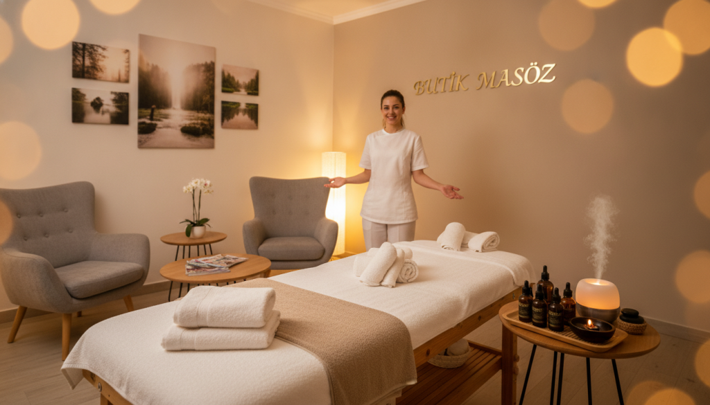 Silivri massage salon options, featuring "Butik Masöz" at the forefront. In the foreground, show a serene massage room with a massage table, neatly arranged towels, and soothing essential oils. In the middle, add a cozy seating area with comfortable chairs and soft lighting, creating a welcoming environment. In the background, depict soft, neutral-colored walls adorned with art depicting tranquil nature scenes, enhancing the relaxation theme. Utilize warm, ambient lighting to evoke a calming atmosphere, with a slight bokeh effect for the background elements. Capture the inviting feel of a professional massage salon, emphasizing relaxation and tranquility. Ensure any human subjects are dressed in professional attire, exuding warmth and professionalism.