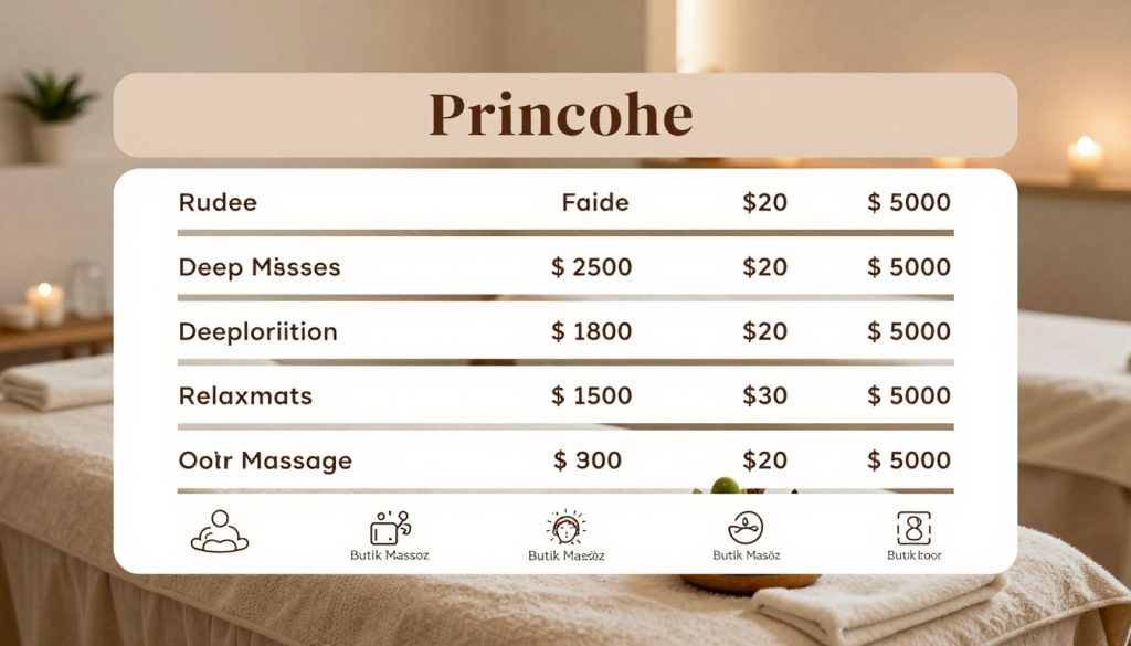 A beautifully designed pricing table for massage appointments, showcasing clear categories and prices, visually appealing and well-organized. The foreground features a stylishly set table with elegant icons representing different massage services, labeled neatly. The middle layer includes various pricing options for different types of massages, such as deep tissue, relaxation, and sports massage, with distinct columns for duration and costs. The background displays a calming spa environment, with soft lighting and soothing colors, evoking a peaceful atmosphere. Incorporate subtle decorative elements, like a small plant or candles, to enhance the ambiance. The brand name "Butik Masöz" should be subtly integrated into the design. Aim for a polished, professional look suitable for a wellness article.