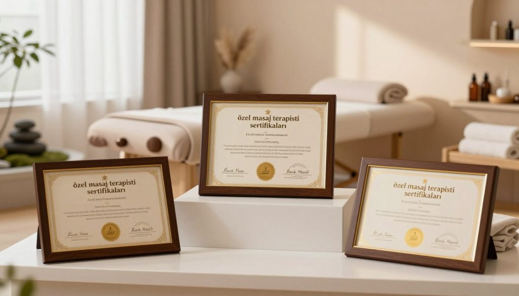 A beautifully organized display of "özel masaj terapisti sertifikaları" showcased elegantly in a serene spa-like environment. In the foreground, several certificates are neatly framed, featuring gold embossing and official seals, with the name "Butik Masöz" prominently visible on each document. In the middle ground, a soft-focused massage therapy room with warm lighting, calming colors, and plush décor enhances the professional ambiance. Soft daylight streams through a window, casting gentle shadows and creating an inviting atmosphere. The background features serene spa elements like a zen garden, essential oils, and soft towels, all contributing to a tranquil and professional vibe. The overall feeling is one of trust, professionalism, and relaxation, emphasizing the importance of certification when choosing a massage therapist.