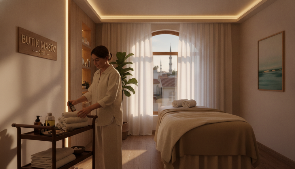A calming, serene interior of a massage therapy room at "Butik Masöz" in Şişli, showcasing a relaxing environment with soft ambient lighting. In the foreground, a professional-looking massage therapist in modest casual clothing prepares the treatment area with fresh towels and soothing aromatherapy oils. The middle ground features a comfortable massage table adorned with soft linens, surrounded by tranquil decorations like potted plants and calming artwork. In the background, a large window lets in warm, natural light, illuminating the peaceful atmosphere and inviting relaxation. The mood is one of comfort and tranquility, emphasizing the advantages of visiting a massage salon in Şişli.