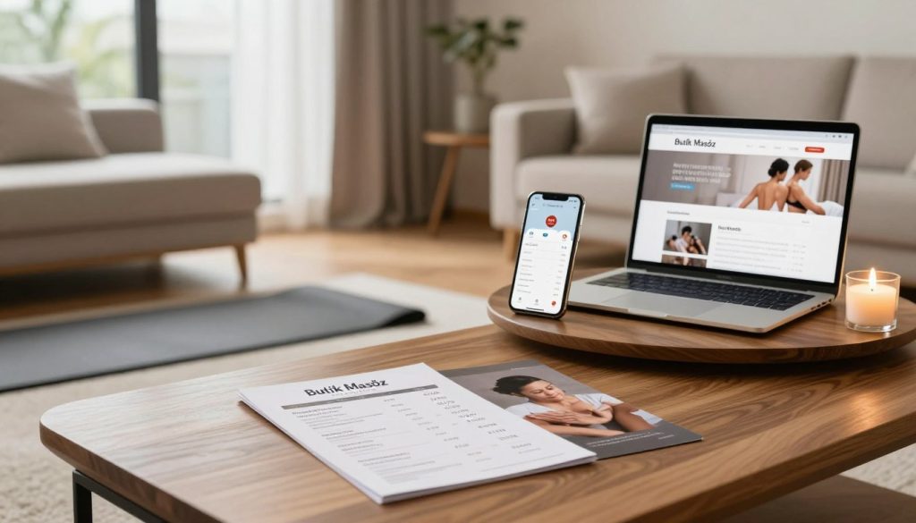 A cozy and elegant home setting illustrating a cost comparison between at-home massage and salon massage. In the foreground, a wooden coffee table hosts a professional brochure from "Butik Masöz," featuring prices and massage types. The middle section showcases a serene living room with soft lighting, highlighting a massage mat and scented candles, suggesting relaxation. A side table holds a smartphone displaying a price comparison app, while a laptop shows a massage salon website, emphasizing the contrast. In the background, a large window allows natural light to filter in, creating a calm atmosphere. The overall mood is tranquil and inviting, perfect for a relaxing experience focused on affordability.