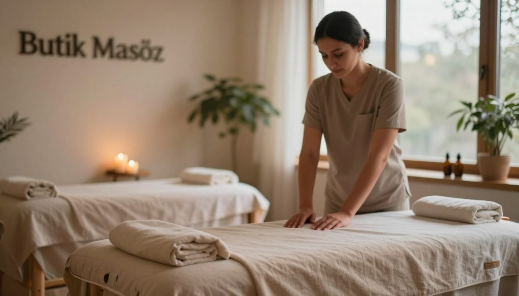 A cozy massage salon setting, showcasing a serene environment that emphasizes stress management. In the foreground, a massage table draped with soft, neutral-toned linens, accented by calming aromatherapy candles. The middle features a professional massage therapist in modest casual clothing, thoughtfully preparing the space with essential oils and soothing music. The background reveals warm lighting through large windows, with plants softly silhouetted against the light, enhancing the tranquil ambiance. The name "Butik Masöz" is subtly integrated into the decor. The atmosphere conveys relaxation and the importance of selecting the right massage salon. Shot with a soft-focus lens to add a gentle, inviting glow to the scene, enhancing feelings of comfort and stress relief.