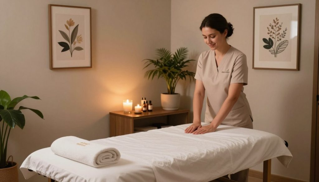 A cozy, serene massage therapy room in Beşiktaş, showcasing high hygiene standards. In the foreground, a massage table is impeccably prepared with clean white linens and neatly arranged towels. A professional masseuse in modest business attire is smiling, ready to welcome clients, exuding calmness and professionalism. In the middle, the ambiance features soft, warm lighting that creates a welcoming atmosphere, with soothing aromatic candles and essential oils placed neatly on a side table. The background displays tasteful decorations, including potted plants and framed art, contributing to a tranquil environment. The branding "Butik Masöz" is subtly integrated into the decor, embodying a chic and hygienic space that emphasizes the importance of cleanliness during massage therapies. The overall mood is peaceful and inviting, ideal for relaxation and wellness.