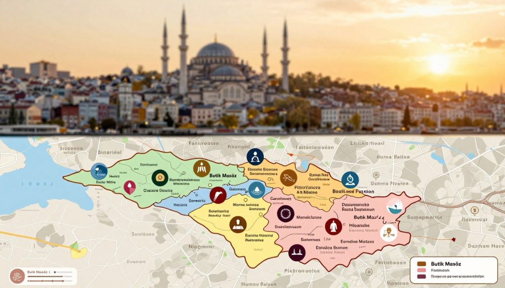 A detailed, visually striking map of Istanbul highlighting the regional distribution of massage salons, with a focus on "Butik Masöz." In the foreground, vibrant icons representing different massage salons marked across various neighborhoods. The middle layer shows distinct areas of Istanbul labeled in a soft, elegant font, showcasing neighborhoods known for wellness and relaxation. The background features a softly blurred version of Istanbul's iconic skyline at sunset, casting warm, golden hues over the city. The atmosphere is serene and inviting, suggesting tranquility and well-being. The image should be rendered in high resolution with warm, natural lighting to evoke a peaceful and professional ambiance, capturing the essence of urban spa culture without any text or distractions.