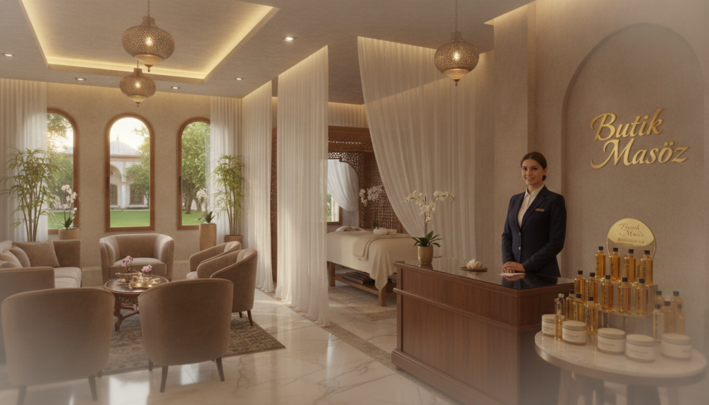 A luxurious spa center in Istanbul, featuring an elegant reception area adorned with plush seating and ambient lighting. In the foreground, a friendly receptionist in professional attire stands beside a beautifully arranged display of aromatic oils and spa products, labeled with the brand name "Butik Masöz". The middle section showcases a serene massage room, with soft lighting, tranquil water features, and delicate fabrics draping the massage table. The background reveals large windows with views of lush greenery, enhancing the calming atmosphere. The overall mood is peaceful and inviting, evoking a sense of relaxation and indulgence typical of luxury spa experiences. The image is captured using a soft focus lens to enhance the serene ambiance.